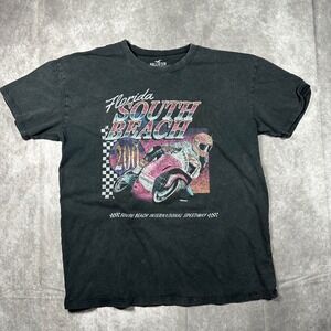 Hollister Mens Small Faded Black Graphic T-Shirt Florida‎ South Beach Motorcycle